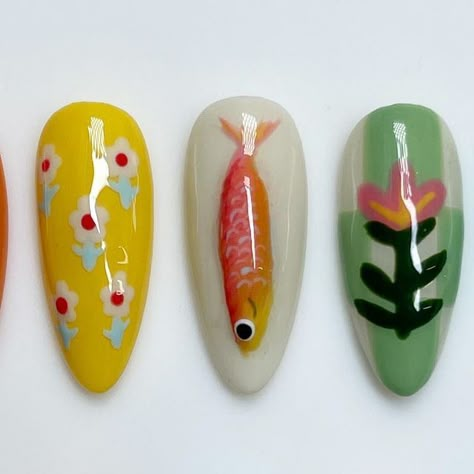 Cute Nail Inspo For Spring, Nails With Fish Design, Sardine Nail Art, Sardine Nails, Fish Nails Designs, Miku Nails, Shrimp Nails, Fish Nail Art, Detailed Nail Art