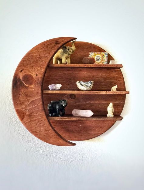 Wood Moon Decor, Crescent Moon Shelf, Cresent Moon Shelves, Wood Moon Shelf, Moon Crystal Shelf, Building Shelves, Crystal Shelves, Decorating Shelves, Cleaning Walls