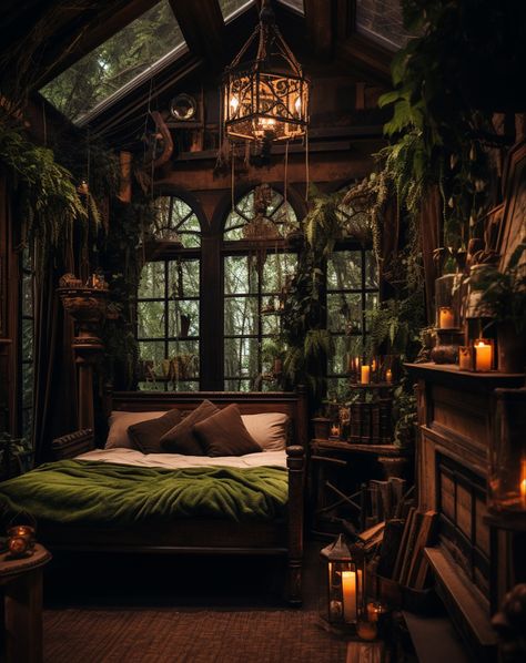 Dark Forest Aesthetic House, Witchy Gaming Room, Gothic Witchy Bedroom, Dark Forest Bedroom Ideas, Dark Cottagecore Interior, Witchy House Interiors, Dark Forest Bedroom, Nature Room Aesthetic, Botanical Goth