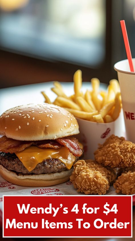 A tray featuring Wendy’s 4 for $4 menu items, including a Jr. Bacon Cheeseburger, crispy chicken nuggets, fries, and a drink, displayed on a table. Wendy's Restaurant, Bacon Cheeseburger, Menu Items, Chicken Nuggets, Budget Friendly Recipes, Crispy Chicken, Cheeseburger, Budget Friendly, Bacon