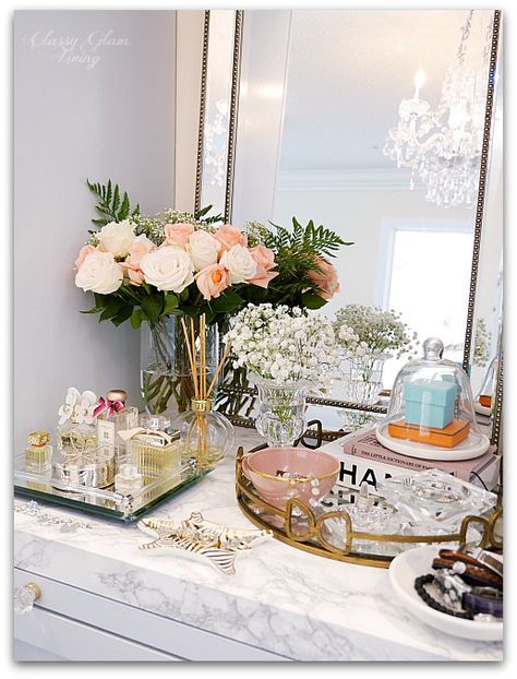 Adding Glam to Your Boudoir - a Blog Hop | vanity decor, vanity trays, tray styling, jewelry display, perfume display, glam vanity | Classy Glam Living Display Perfume, Glam Vanity, 2024 Bedroom, Vanity Trays, Glam Living, Perfume Display, Tray Styling, Vanity Room, Classy Decor