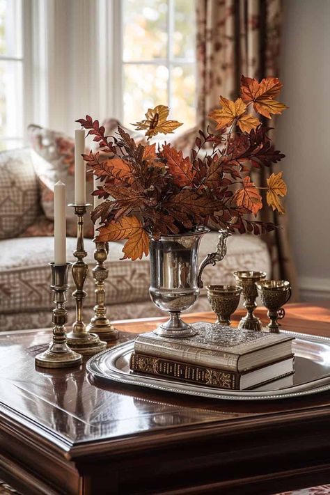 Fall Decor For Coffee Table In Tray, Fall Table Bouquet, Coffee Table Decor Ideas Living Room, Coffee Table Scapes, Vintage Coffee Table Decor, Autumn Coffee Table Decor, Coffee Table Fall Decor, October Magic, Fall Coffee Table Decor