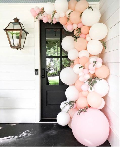 Pink and white balloon arch Pink And White Balloon Arch Birthday, Pink Pastel Balloon Garland, Pink Balloon Arch Bachelorette, Pink Bridal Shower Balloon Garland, Balloon Garland Pink And White, Baby Shower Balloons Pink, Tea For Two Balloon Arch, Pink White Balloon Arch, Balloon Garland Floral