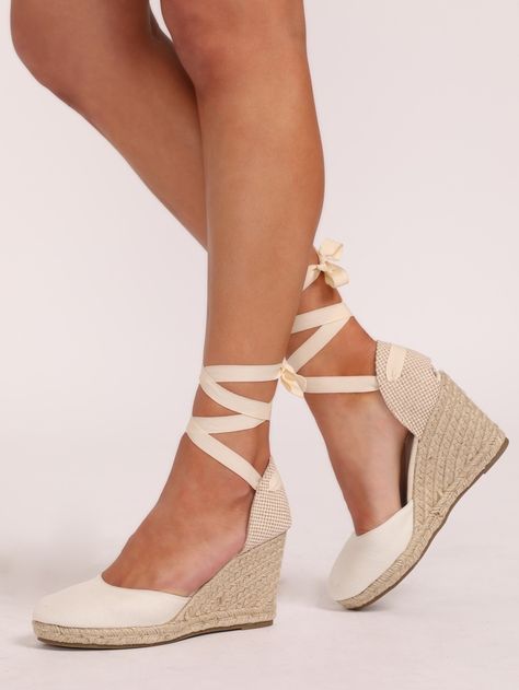 Ankle Wrap Closed Toe Espadrille Wedges | SHEIN USA Straps Heels, Closed Toe Wedges, Women Wedges, Beige Heels, Toe Post Sandals, Closed Toe Sandals, Women's Espadrilles, Ankle Strap Wedges, Studded Heels