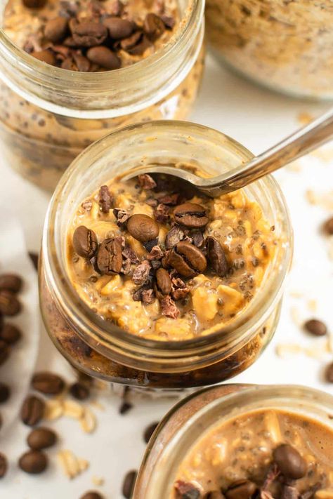 Coffee overnight oats combine your favorite morning brew with delightfully creamy oats. They are easy to make, meal-prep friendly, nutrient-dense, and make the perfect grab-and-go breakfast. Plus we give you three variations to tailor to your tastes! #overnightoats #coffeeoats #coffeeoatmeal #oats #oatmeal #oatmealrecipe #coffeeovernightoats #overnightoatsrecipe Espresso Overnight Oats Healthy, Coffee Protein Overnight Oats, Coffee Overnight Oats, Fudgy Overnight Oats, Ove4night Oats, Feel Good Foodie Overnight Oats, Matcha Overnight Oats, Pumpkin Overnight Oats, High Protein Cookies