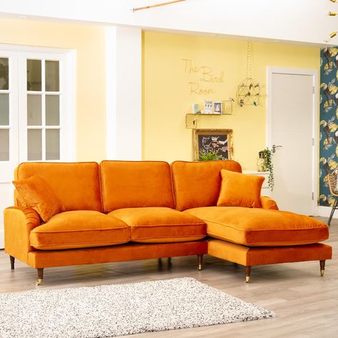 Mackenzie Large Right Hand Facing Velvet Corner Sofa - Burnt Orange : Amazon.co.uk: Home & Kitchen Yellow Corner Sofa, Mustard Sofa, Burnt Orange Living Room, Velvet Corner Sofa, Velvet Room, Orange Sofa, Living Room Orange, Room Color Schemes, Sofa Colors