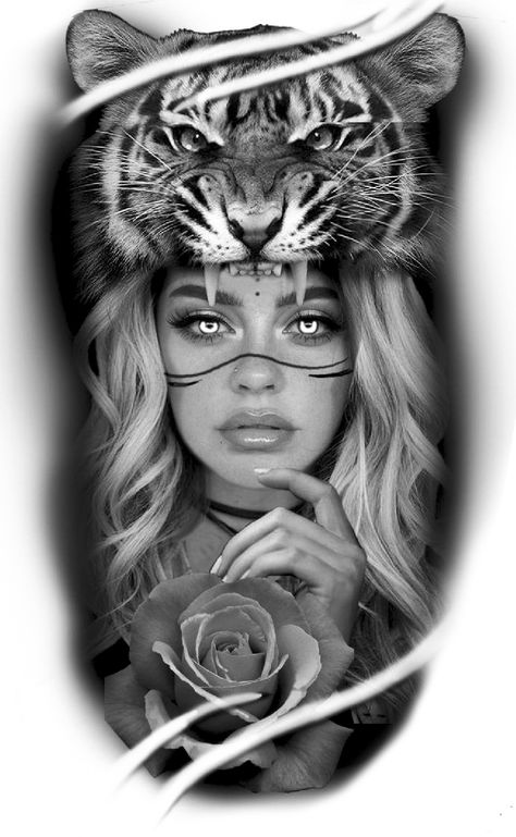 Tattoo Tiger Design, Indian Girl Tattoos, Tiger Head Tattoo, Tiger Tattoo Sleeve, Catrina Tattoo, Aztec Tattoo Designs, Native Tattoos, Girl Face Tattoo, Lion Head Tattoos