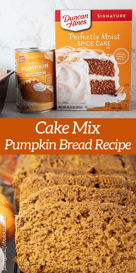 This Cake Mix Pumpkin Bread Recipe is one of the easiest breakfast recipes! Made with fresh pumpkin, it’s the perfect breakfast pumpkin bread for a cozy morning or as a delightful brunch recipe to share. Pumpkin Bread From Cake Mix Recipe, Pumpkin Spice Cake Bread, Pumpkin Bread Using Spice Cake, Krusteaz Pumpkin Bread Mix Recipes, Cake Mix Pumpkin Bread, Pumpkin Pancake Mix, Cake Mix Pumpkin, Moist Spice Cake, Easiest Breakfast