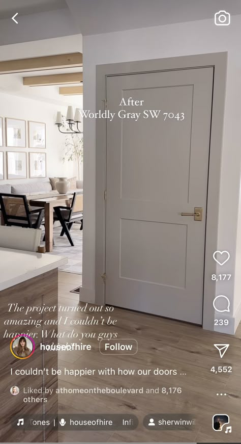 White Walls Grey Doors And Trim, Edgecomb Gray Doors, Interior Paint Door Colors, Grey Indoor Doors, White Walls Neutral Trim, Colored Doors And Trim Interior, White Walls Taupe Doors, Interior Hallway Door Colors, Painted Interior Doors And Trim