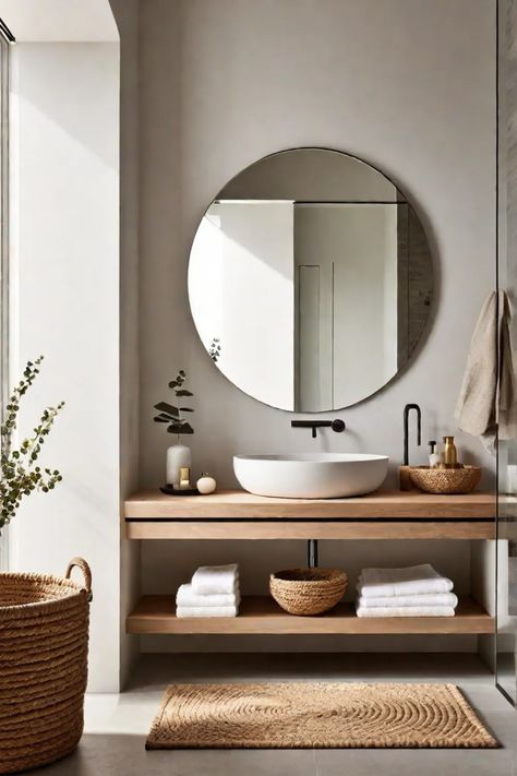 Bathroom with wood stone and woven baskets Bathroom Wood Accessories, Olive Bathroom Ideas, Wood And Stone Bathroom, Bathroom Wood Vanity, Make A Room Feel Bigger, Bathroom Accesories, Bathroom Minimalist, Minimalist Bathroom Design, Bath Inspiration