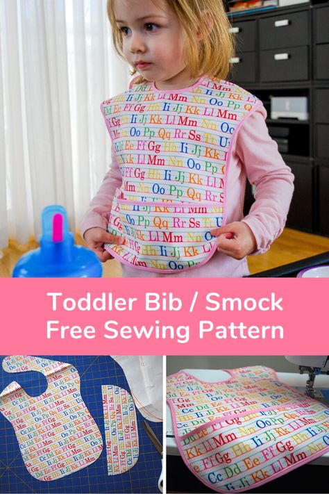 Sew this toddler bib / art smock for growing kids! This free sewing pattern printable and DIY tutorial is easy for beginners to sew for older babies and toddlers. This large bib features an optional deep pocket to catch spills. Download this free toddler bib pattern to see how to make it yourself from fabric or hand towels! #sewing #bib   #toddler #sew #DIY #freepattern #pattern #printable #sewingpattern #bibs #toddler #sewingforkids Toddler Bibs Pattern, Toddler Bib, Toddler Patterns, Trendy Sewing Patterns, Baby Bibs Patterns, Toddler Bibs, Bib Pattern, Free Sewing Pattern, Diy Toddler