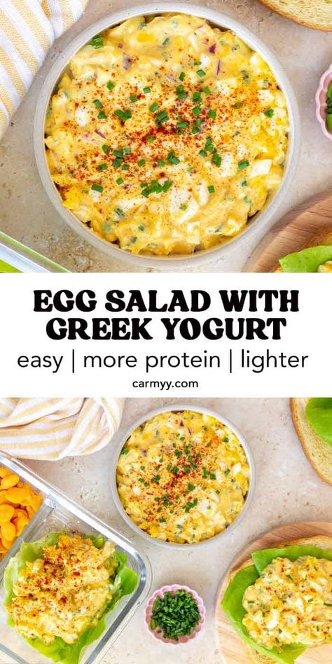 Creamy, tangy, and flavorful, this egg salad with Greek yogurt is going to be your new go-to high-protein, healthy lunch recipe! Perfect in a sandwich or pita bread, over a bed of greens, on its own, or with crackers, this high-protein egg salad is a versatile recipe you can meal prep for an easy lunch throughout the week. Egg Salad Recipe High Protein, Healthier Egg Salad, Ww Egg Salad Recipe, Egg Salad Lunch Ideas, High Protein Salad Ideas, Healthy Egg Sandwich Recipes, Lunch With Eggs Ideas, Healthy Egg Salad With Greek Yogurt, Healthy Greek Yogurt Recipes Dinner