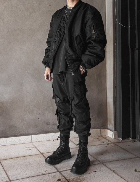 Techwear, Streetwear, Bomber Jacket, Jacket, Cargo Pants, Tech Pants, Emo, Black, Dark, Outfit, Black Outfit, All Black Outfit, Future, Futuristic, Darkwear, Cyberpunk, Chains, Eboy, Anime Boy, Kpop, Fashion, Streetstyle, Techno, Aesthetic, Photography, Urban, Urban Style, Boots, Combat Boots, cyberpunk edgerunners, edgerunners Tech Wear Aesthetic Outfits, Techwear Long Coat, Men Outfits Techwear, Mens Techwear Aesthetic, Mens Black Jacket Outfit, Men’s Cyberpunk Outfit, Black Tech Outfit, Tactical Wear Aesthetic Men, Male Tactical Outfit