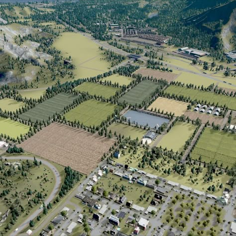 Farming Industry in Cities Skylines Cities Skylines Oil Industry Layout, Cities Skylines Inspiration, Cities Skylines 2 Layout Ideas, Cities Skylines Industry Layout, City Design Concept, Cities Skylines Layout Ideas, City Skylines Game, Masterplan Architecture, City Maps Design