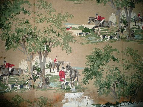 love this vintage fox hunt paper Equestrian Chic Decor, Hunting Wallpaper, Hunting Themes, Fox Hunt, Bath Redo, Horse Fabric, Equestrian Chic, Living Room Redo, Hunt Scene