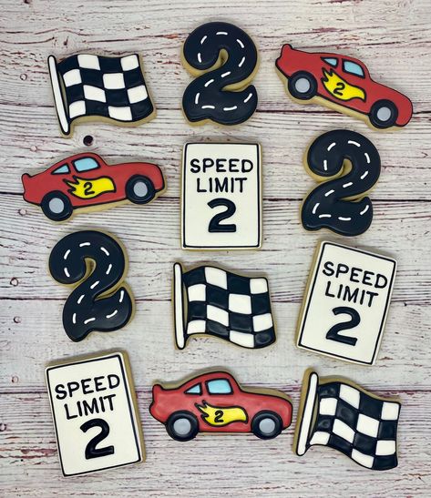 Racing Theme Cookie Favors, Car Theme Cookies for Birthday, Cute Race Theme Cookies, Child's Race Car Birthday Cookies, Number Cookies Two Fast Car Theme Birthday, 2nd Race Car Birthday, Car First Birthday Party Ideas, Race Car Birthday Desserts, Race Car Birthday Party Cake, Race Car Theme 2nd Birthday, Race Car Birthday Dessert Table, Two Fast Birthday Decor, Racing 3rd Birthday Party