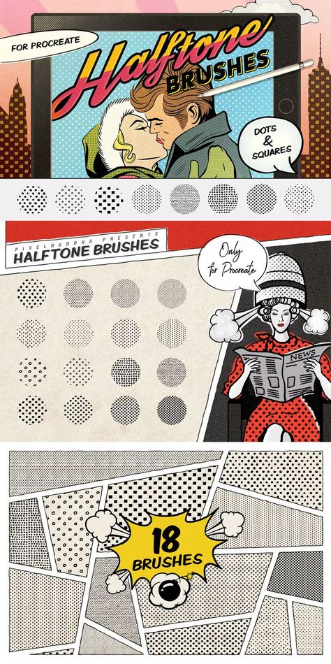 Photoshop Comic Brushes, Halftone Comic Art, Halftone Graphic Design, Comic Dots, Retro Procreate, Halftone Comic, Halftone Photoshop, Comic Halftone, Halftone Poster