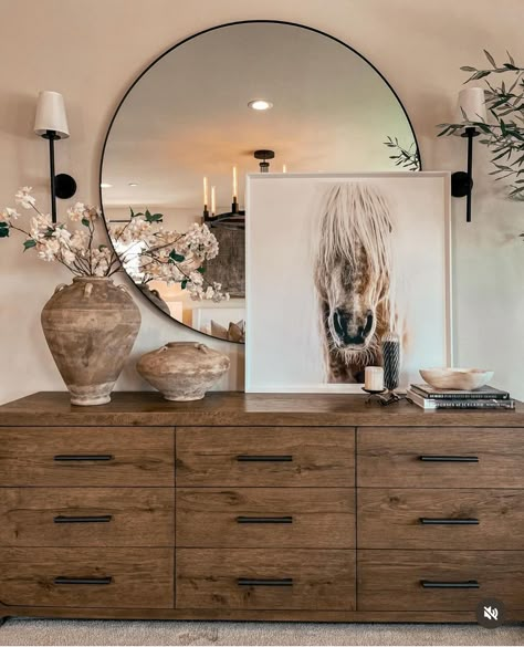 How To Use A Dresser In The Living Room, Dresser In The Dining Room, Wall Mirror Above Dresser, Sideboard Decor With Mirror, Bedroom Side Wall Decor Ideas, Above Dresser Wall Decor Master, Bedroom Wall Decor Above Dresser, Dresser Decor Under Tv, Above Buffet Wall Decor