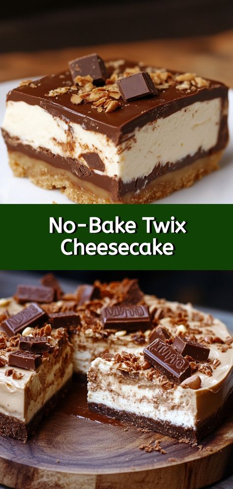 No-Bake Twix Cheesecake Twix Cheesecake Bars, Twix No Bake Cheesecake, Twix Cheesecake No Bake, No Bake Twix Cheesecake Recipes, Rice Krispie Cheesecake Recipe, No Bake Cheescake, Easy Cheesecake Recipes No Bake, Twix Pie, Twix Cheesecake Recipe