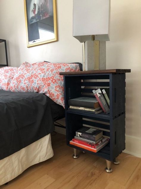 Ever since I made my bench from stair treads and wooden crates, I have been excited to try to make a nightstand, as well.  This is for one of my boys and his favorite color is blue. It really couldn't have been easier. Waiting for the wood glue to dry is the longest part. I am saying this project cost around $50. The crates were $10 a piece and I used a portion of a stair tread. An entire tread is $12.65 for 48 inches. I only used 20 1/4 inches, so I am calling it $6.33. I used a pain… Crate Nightstand Diy, Wooden Crates Nightstand, Nightstand Diy, Crate Nightstand, Crate Table, Diy Nightstand, Crate Shelves, Crate Furniture, Night Stand