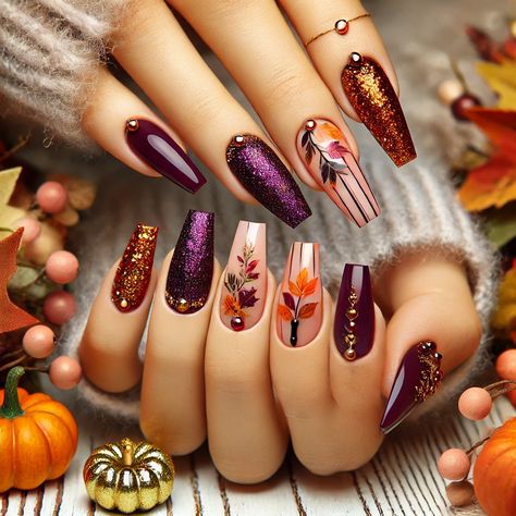 A stunning set of coffin-shaped wedding nails inspired by the fall season, featuring rich colors like deep plum, burnt orange, and golden shimmer. The design includes intricate details such as tiny leaf embellishments, subtle marbling, and glitter accent nails, with a mix of glossy and matte finishes Thanksgiving Nail Designs Stiletto, Cute Fall Coffin Nails, Fall Nail Designs Floral, Gold Fall Nail Designs, Plum Fall Nails Design, Fall Nail Designs November, Burgundy And Orange Nails, Autumn Nails Purple, Elegant November Nails