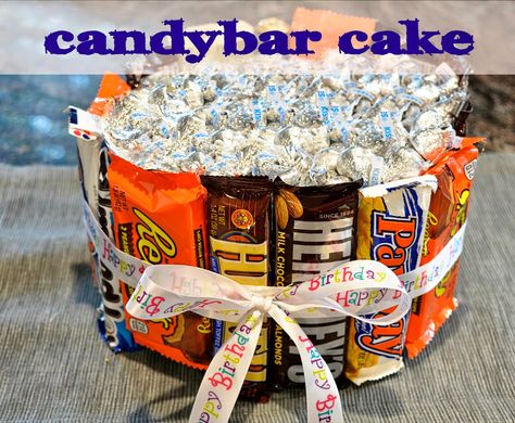 Candy Bar Birthday Cake, Candy Bar Cake Tower, Candy Bar Gift Ideas, Candy Bar Cakes, Candy Bar Cake Ideas, Cake Auction Fundraiser, Candy Bar Bouquet Diy, Bar Gift Basket, Candy Cake Diy