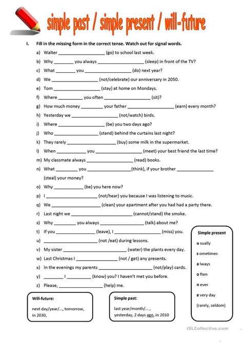 Mixed tenses (past, present, future) - English ESL Worksheets for distance learning and physical classrooms Tenses Worksheet For Grade 2, Past Present Future Activities, Simple Present Tense Worksheets, Future Tense Verbs, Past Tense Worksheet, Ingles Kids, English Tenses, Tenses English, Simple Present Tense