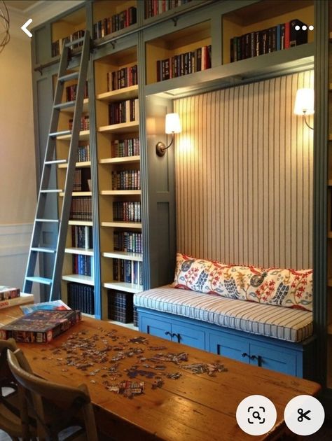 Wall Bookshelves With Ladder, Library With Sliding Ladder, Book Wall With Ladder, Library Basement Ideas, Vaulted Ceiling Bookshelves, Built In Bookshelves With Ladder, Library Wall With Ladder, Home Library With Ladder, Library With Ladder