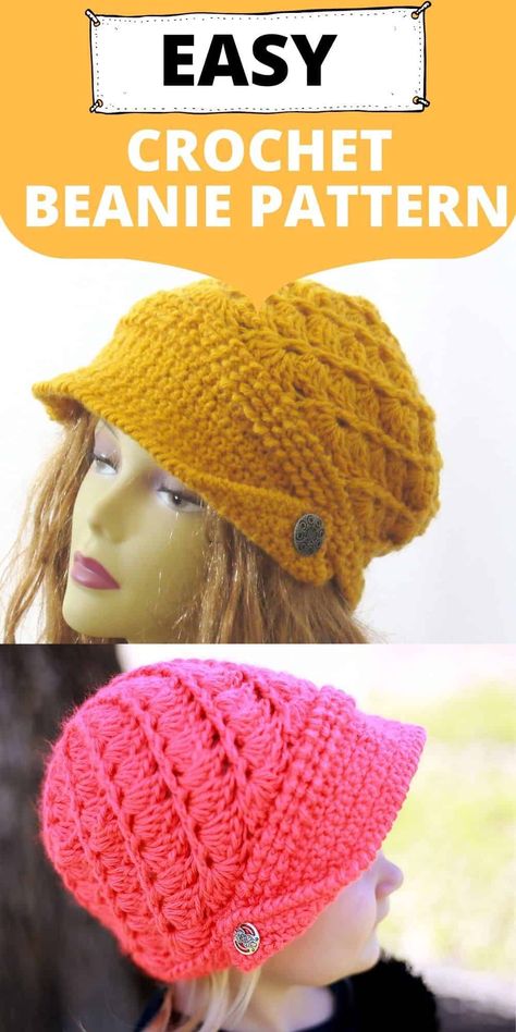 This crochet newsboy hat is the perfect winter accessory to add to your wardrobe. The hat comes in sizes baby, toddler, child to adult women. It is embellished with buttons and a newsboy style brim. This easy and quick pattern will look great on any girl. #crochet, #crochethat, #crochetadulthat, #crochetnewsboyhat, #crochetbeanie Free Crochet Hat With Brim Patterns For Women, Crochet Hats With Brim, Crochet Newsboy Hat Free Pattern, Messy Bun Hats, Crochet Baby Cap, Crochet Newsboy Hat, Crochet Headwear, Ponytail Hats, Crochet Adult Hat