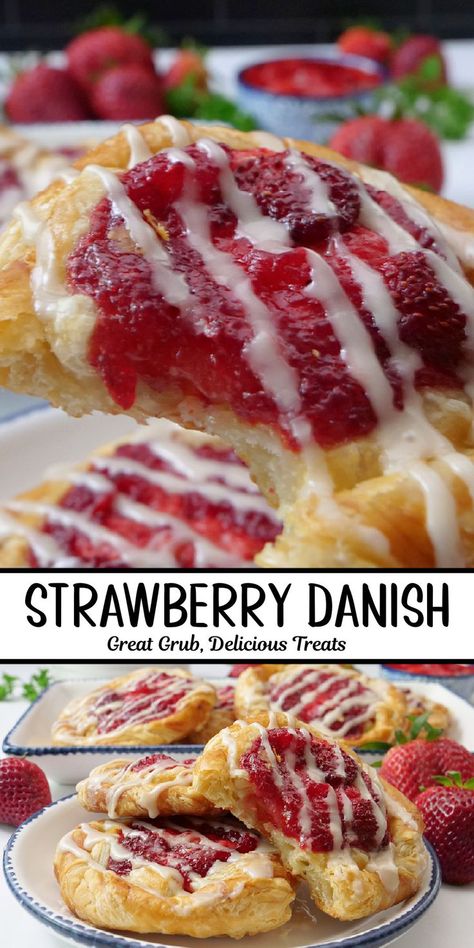 A double photo collage of strawberry danishes drizzled with a glaze. Strawberry Danish Recipe, Strawberry Danish, Cream Cheese Danish Recipe, Homemade Pastry, Danish Recipe, Brown Sugar Recipes, Cream Cheese Danish, Pastry Recipe, Cheese Tarts