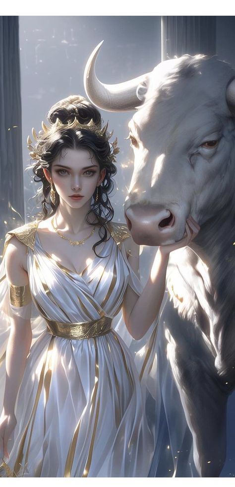 Taurus Character Design, Taurus Bull Art, Taurus Goddess, Greek Goddess Art, Taurus Bull, Bull Art, Goddess Art, Astrology Zodiac, Greek Goddess