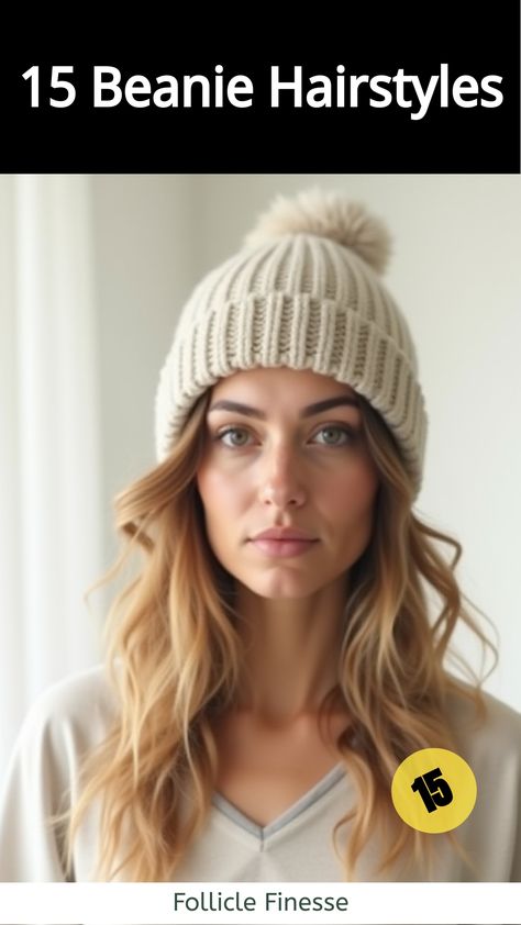 Beanie Hairstyles,Woman with loose waves wearing chunky knit beanie Beanie Hairstyles With Bangs, Shoulder Length Hair With Beanie, Short Hair In Beanie, Hairstyles For Beanies Long Hair, How To Wear A Beanie With Long Hair, How To Wear A Beanie, Beanie Hairstyles, To Braids, Grey Bob Hairstyles