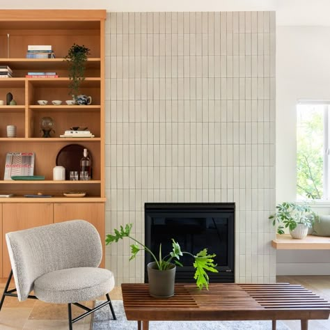 Maine House Living • Instagram Blonde Brick Fireplace, Vertical Fireplace Tile, Simplistic Fireplace, Tiled Feature Wall Living Room, White Tiled Fireplace, Modern Gas Fireplace Ideas, Japanese Fireplace, Modern Fireplace Wall Living Room, Scandi Fireplace