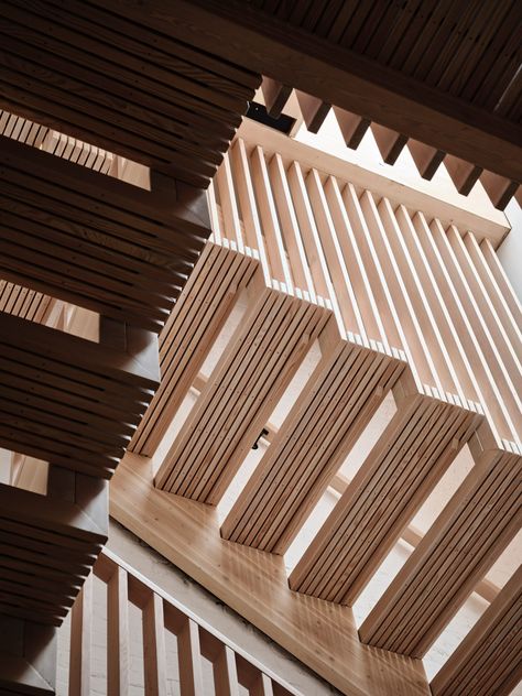 Timber Stair, Timber Staircase, Timber Slats, Concept Models Architecture, Timber Buildings, Initial Design, Timber Construction, Unique Perspective, Brick Facade