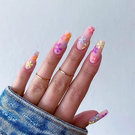 Press on Nails Long Coffin Fake Nails with Colorful Daisy Design Glue on Nails Acrylic Stick on Nails False Nails for Women 24PCS  #summernails #nails #nailinspo #pressonnails #pressons #nailart #summervibes #diynails #nailinspiration #naildesigns #nailaddict Nagel Tips, Manicure Diy, Manicure Tips, Flower Nail Designs, Fake Nails With Glue, Ballerina Nails, Girls Nails, Stick On Nails, Luxury Nails