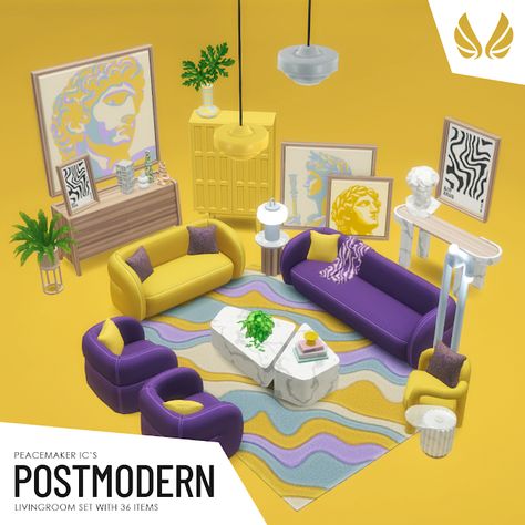 Simsational Designs: Postmodern Living - Vibrant Modern Set for Your Sims Sims 4 80s Bedroom, Sims 4 Cc Funky Decor, Sims 4 Cc Mid Century Modern, Sims 4 80s Furniture, Sims 4 Colorful Furniture Cc, Funky Sims 4 Cc, Sims 4 Modern Furniture, 80s Sims 4 Cc, Sims 4 Mid Century Modern