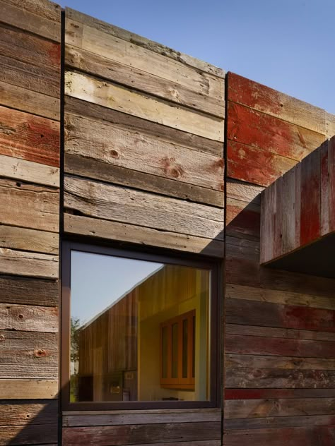 Reclaimed Materials House, Reclaimed Architecture, Reclaimed Wood Siding, Recycled House, Wood Facade, Wooden Facade, Cladding Materials, Timber Buildings, Wood Building