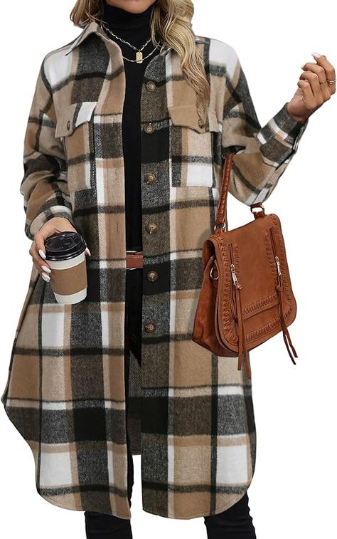 Plaid Jacket Outfits For Women, Womens Shacket, Plaid Flannel Outfit, Long Flannel Shirt, Plaid Jacket Outfit, Long Flannel, Fall Winter Jacket, Jackets Casual, Oversized Button Down Shirt