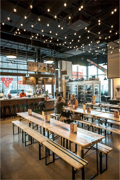 Industrial Food Hall, Industrial Food Court, Food Hall Design, Picnic Benches, Food Court Design, Cafeteria Design, Brewery Design, Long Tables, Food Park