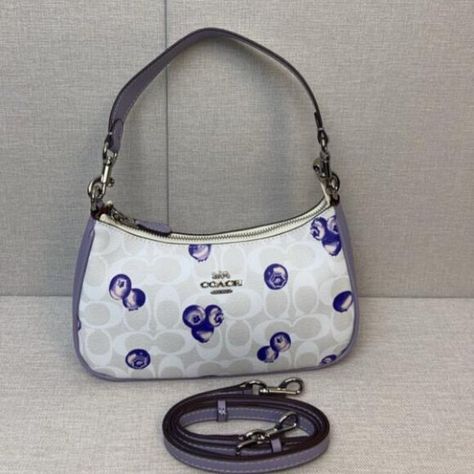 NWT Coach Outlet Teri Shoulder Bag In Signature Canvas With Blueberry Print Designer Coach Bag In Purple, Coach Purple Bag With Adjustable Strap, Coach Purple Bag With Detachable Handle, Purple Coach Shoulder Bag With Detachable Handle, Coach Teri Shoulder Bag, Blueberry Print, Y2k Handbag, Coach Hobo Bag, Barrel Bag