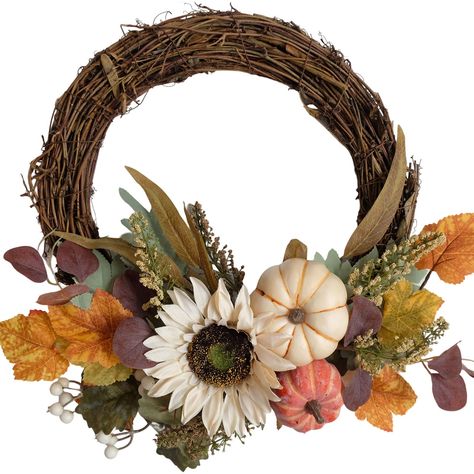 PRICES MAY VARY. Autumn is coming, thanksgiving is coming and harvest is coming, if you are looking for a suitable 12 inch fall wreath and decorations for your home, this pumpkin sunflower wreath maybe be worth for a choice. Mixed color pumpkins, sunflower, Maple and Mixed wreaths can be well match the atmosphere of the coming season. To celebrate the harvest and thanksgiving Day, the wreath will be come with extra fall banner as a fall gift for you. And you can combine these two for your front Outdoor Fall Wreaths, Fall Harvest Decorations, Square Wreath, Fall Decor Wreaths, Pumpkin Sunflower, Fall Grapevine Wreaths, Harvest Pumpkin, Wooden Wreaths, Thanksgiving Wreath