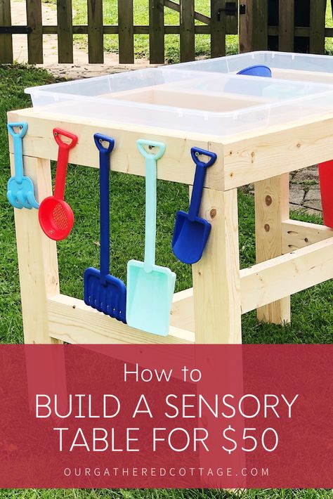 Sandbox Table Diy, Sand And Water Table Diy, Diy Water Sand Table, Water And Sand Table Diy, Stand Up Sand Table, Easy Water Table Ideas, Build A Sensory Table, Sensory Tables Diy, Wood Sensory Table