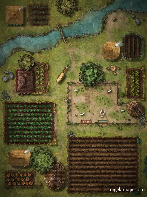 Farm Country - Free Version | Angela Maps on Patreon Dnd Farm Map, Fantasy Map Making, Village Map, Dnd World Map, Building Map, Dungeon Master's Guide, Tabletop Rpg Maps, Rpg Map, Dungeon Maps