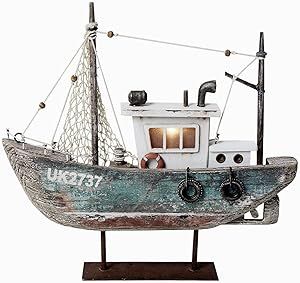 Wood Sailboat Nautical Decor with LED Light - Decorative Sailing Boat Model Beach Themed Ship Table Centerpiece Rustic Distressed Ocean Decoration Boats Figurine Ornaments Rustic Beach House Decor, Wood Sailboat, Rustic Coastal Decor, Rustic Beach House, Sailboat Decor, Lighthouse Decor, Wooden Sailboat, Model Sailboat, Boat Decor