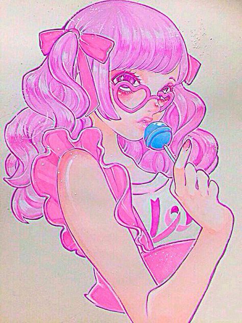 Girl with pink hair & wearing pink heart shaped sunglasses & holding a blue lollipop art Cinnamoroll Headers, Animals Drawing Reference, Holding Lollipop, Lollipop Art, Pastel Cotton Candy, Lollipop Girl, Outfit Ideas Anime, Pastel Fairy, Pastel Goth Art