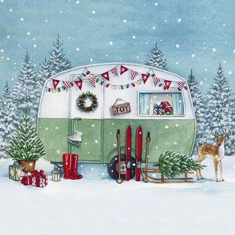 Christmas Camper, Napkins Christmas, Camper Art, Napkin Decoupage, Decoupage Napkins, Paper Napkins For Decoupage, Glue Book, Winter Camping, Party Napkins