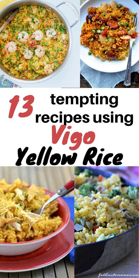 13 recipes to help you use your Vigo Yellow Rice differently! 13 temping Vigo yellow rice recipes you should try tonight | www.sahmplus.com Vigo Yellow Rice Instant Pot, Yellow Rice Dinner Ideas, Yellow Rice Recipe Dinners, Mahatma Yellow Rice Recipes, Leftover Yellow Rice Recipes, Shrimp And Yellow Rice Recipes, Recipes With Yellow Rice, Yellow Rice Meals, Yellow Mexican Rice