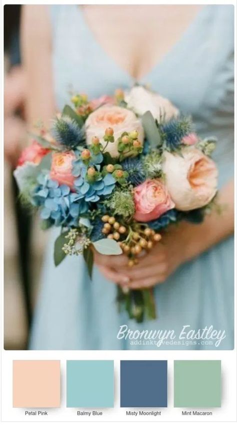 Stampin’ Up! ® Colour Combinations for the Prized Peony Bundle May Wedding Colors Colour Palettes, Addinktive Designs, Small Bridal Bouquets, Hydrangea Bouquet Wedding, Peach Peonies, Spring Wedding Bouquets, Blue Wedding Bouquet, Flowers And Greenery, Hydrangeas Wedding