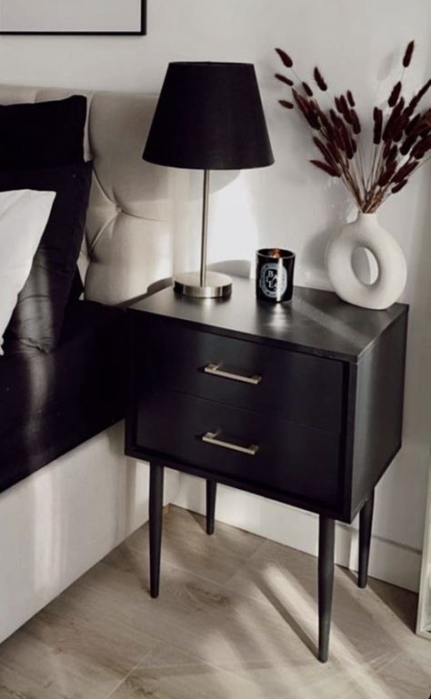 Gray Bed Frame Black Nightstand, Black Bed Tables, Nightstand Black And Wood, Bedside Table Styling Modern, Black Night Stand Decor, Black Side Tables Bedroom, Bedside Table Ideas Black, Black Nightstand Decor, Black Bedside Table Ideas