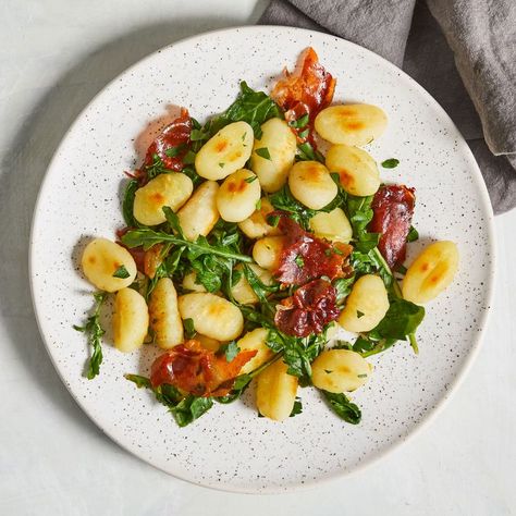 Crispy Gnocchi With Arugula and Prosciutto Squash Wellington, Lentil Wellington, Butternut Squash And Spinach, Spinach Gnocchi, Sausage Spinach Pasta, Sausage Parmesan, Prosciutto Recipes, Frozen Butternut Squash, Potato Dumplings